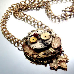 DESIGNER KAY Necklace Steampunk Vtg Watch GP Ruby